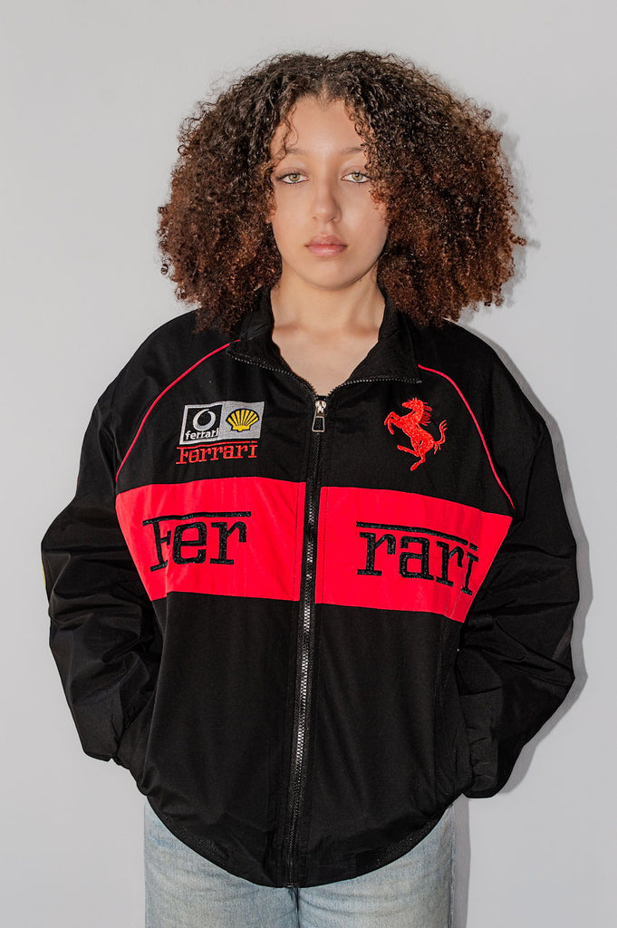 black and red Ferrari F1 racing bomber jacket