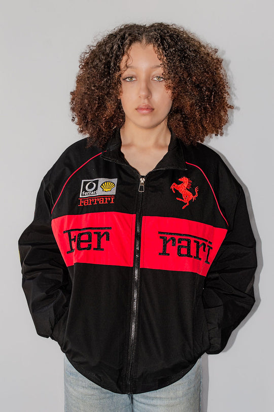 black and red Ferrari F1 racing bomber jacket
