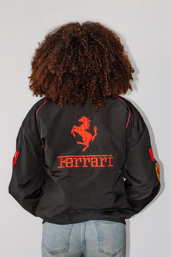 black and red Ferrari F1 racing bomber jacket