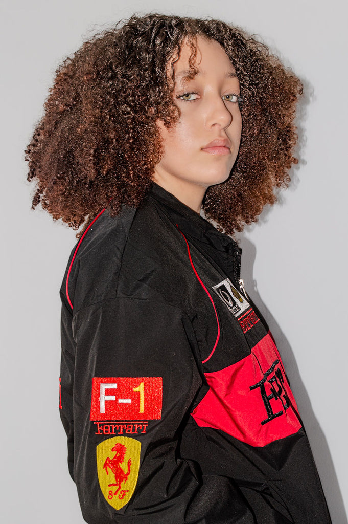 black and red Ferrari F1 racing bomber jacket