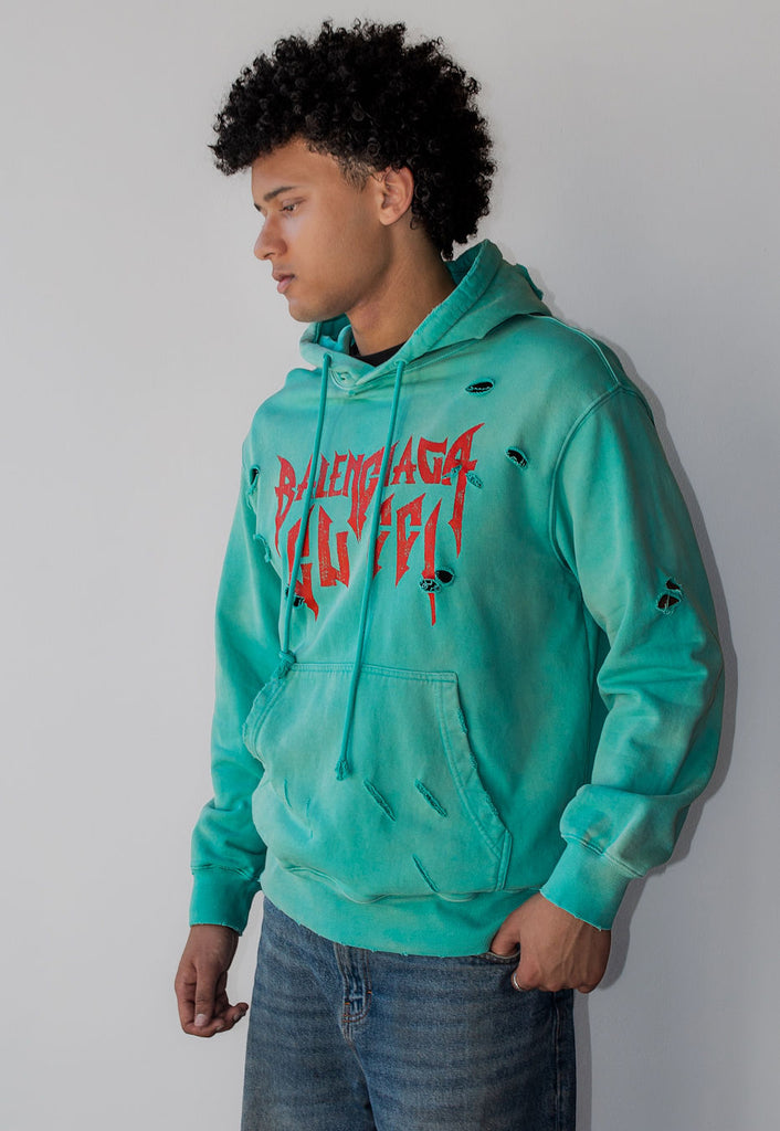 Balenciaga Logo Destroyed Hoodie in turquoise