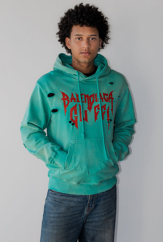 Balenciaga Logo Destroyed Hoodie in turquoise