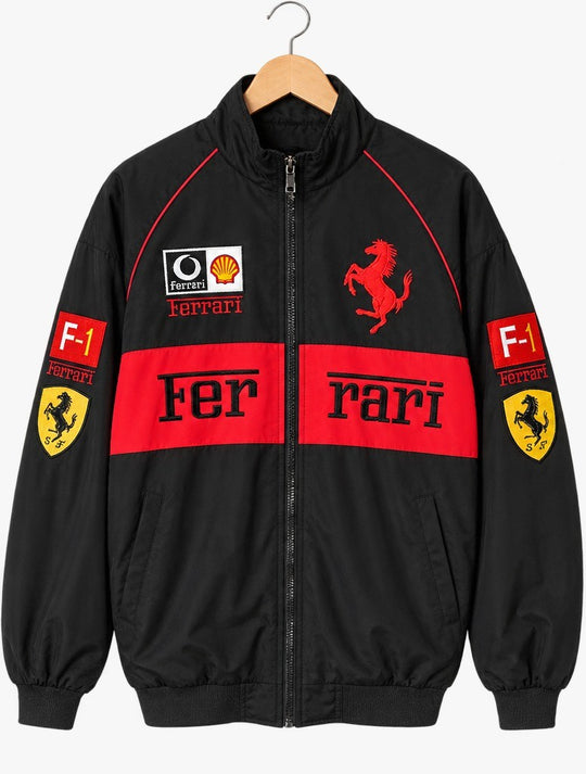 black and red Ferrari F1 racing bomber jacket