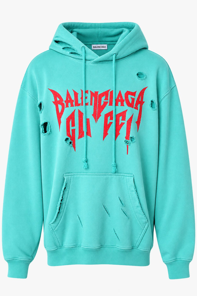 Balenciaga Logo Destroyed Hoodie in turquoise