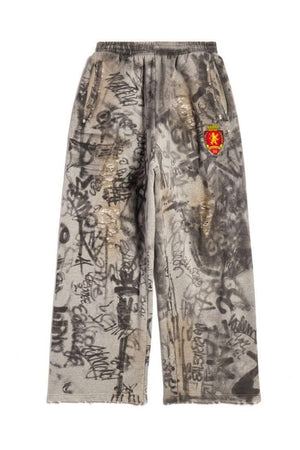 Balenciaga Wide-Leg Distressed Printed Cotton-Jersey Sweatpant