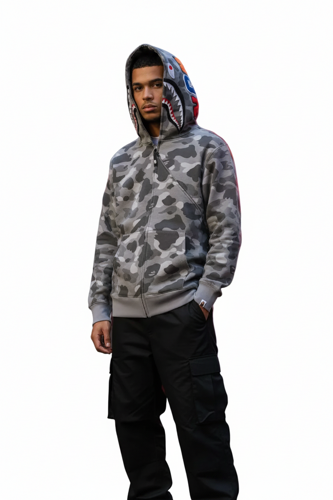 Grey ABC Bathing Ape (BAPE) 1st Camo Shark Full Zip Hoodie