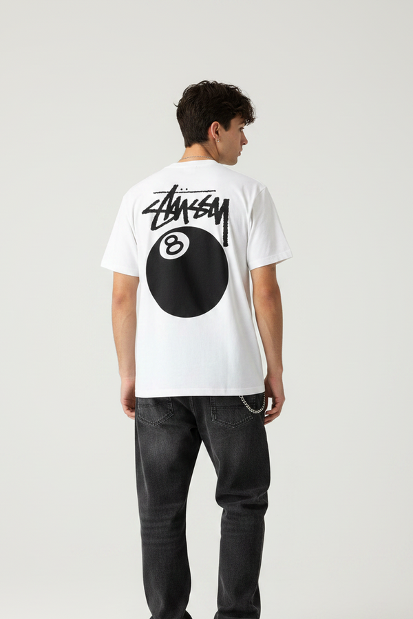 White Stüssy 8 Ball Tee