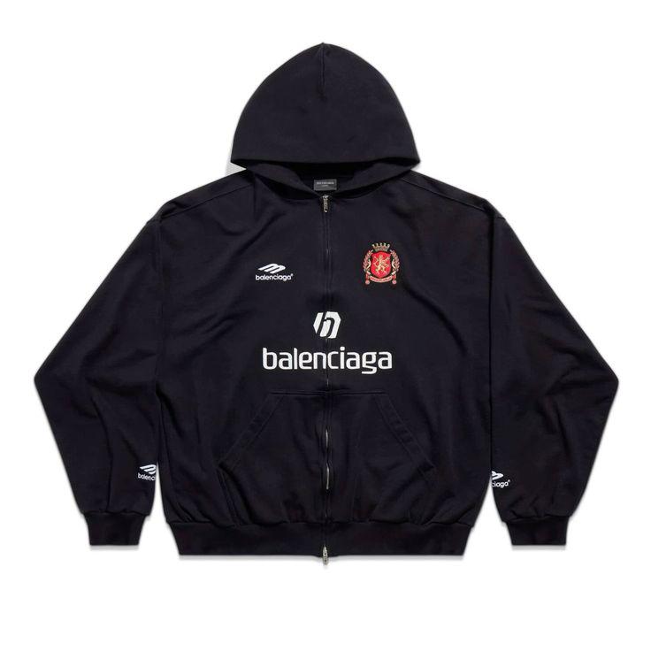Black Balenciaga Paris Soccer Medium Fit Zip-Up Hoodie